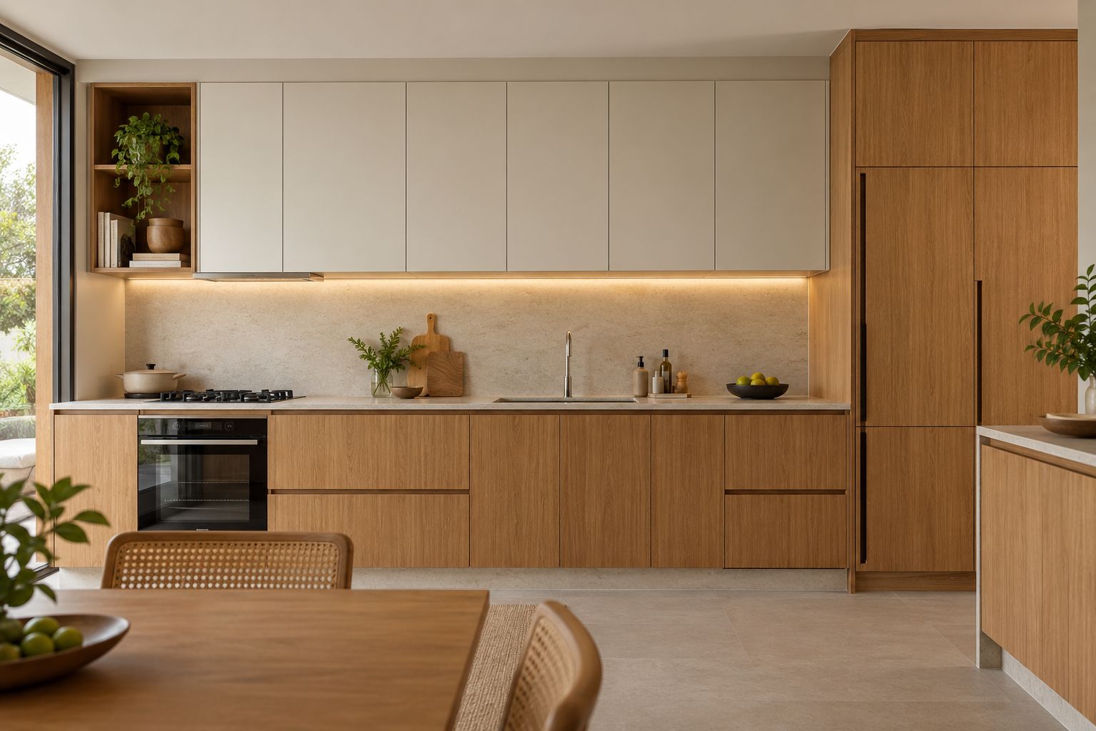 Cozinha planejada em MDF amadeirado, com armários superiores claros e iluminação embutida