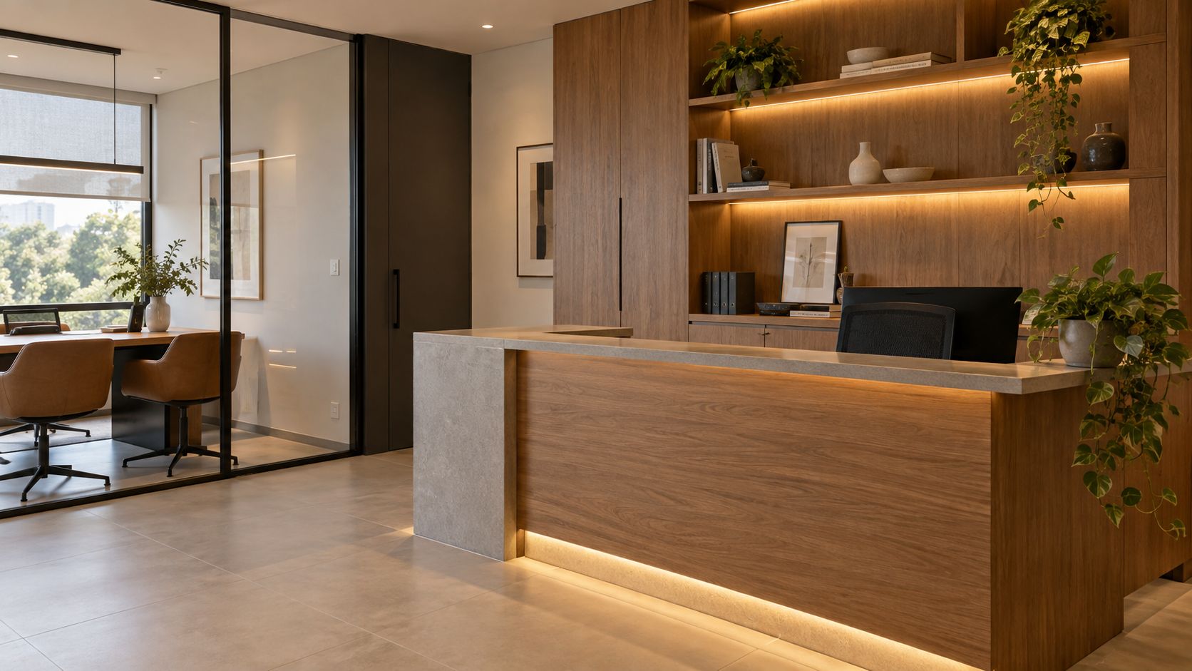 Recepção corporativa com balcão em MDF amadeirado e pedra, estantes iluminadas e sala de reunião envidraçada