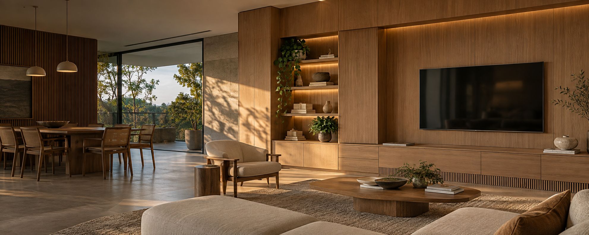 Sala planejada com painel e estante em MDF amadeirado e iluminação embutida